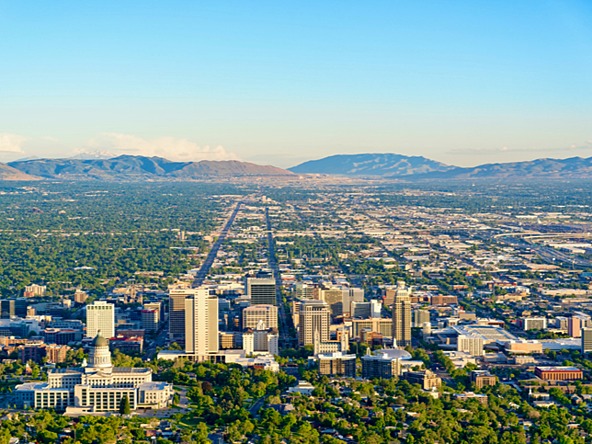 Aerial view of Salt Lake City, Utah, and surrounding mountains